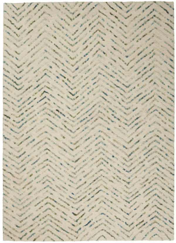 Homeroots 8' Modern Ivory Blue And Green Wool Chevron Area Rug - Perfect For Enhancing Your Home's Style 4' X 6' Wool 553392