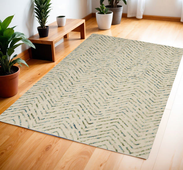 Homeroots 8' Modern Ivory Blue And Green Wool Chevron Area Rug - Perfect For Enhancing Your Home's Style 4' X 6' Wool 553392