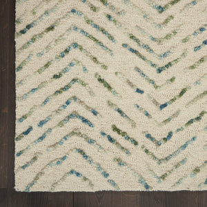 HomeRoots 8' Luxurious Wool Chevron Area Rug in Ivory, Blue & Green – Perfect for Modern Living Spaces! 4' X 6' 553392