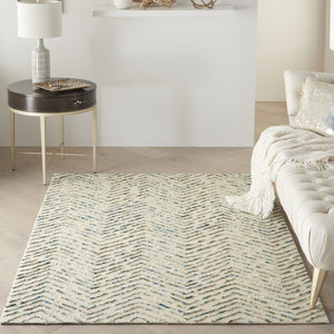 HomeRoots 8' Luxurious Wool Chevron Area Rug in Ivory, Blue & Green – Perfect for Modern Living Spaces! 4' X 6' 553392