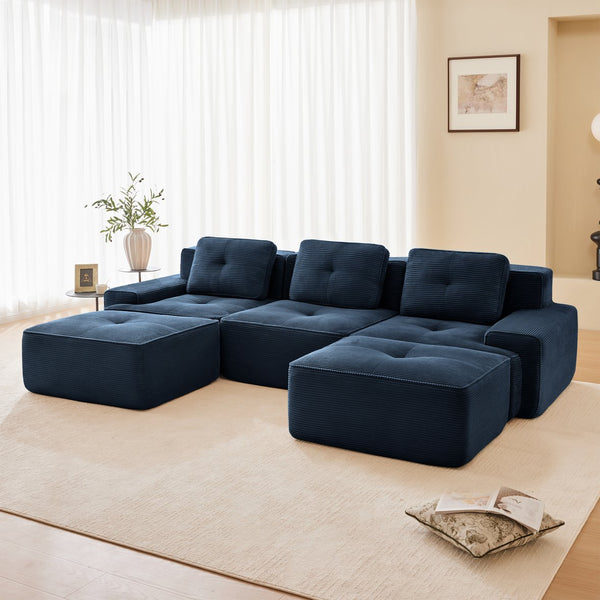 English Elm 117" Modern U-Shaped Modular Sofa In Plush Corduroy With Movable Ottoman & Tufted Design, Blue W714S01496