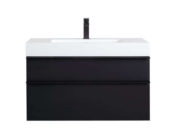 English Elm VELA 36 Inch Wall Mounted Bathroom Vanity with Integrated Acrylic Sink, Dual Wood Handles, Soft-Close Drawers, Matte Finish Black W3235P327618