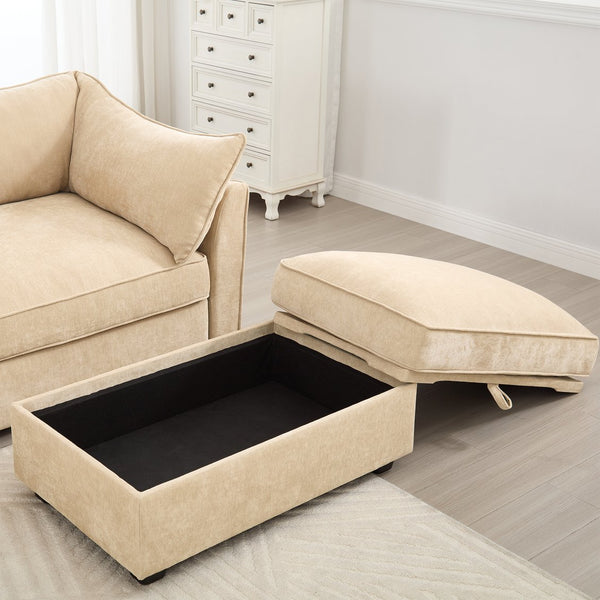 English Elm L-Shaped Modular Sofa With Movable Footstool, Cozy Crescent Armrests, Wheat Chenille Elegance W3041S00176