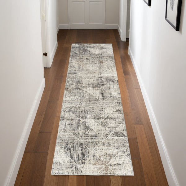 Homeroots 8' Ivory Black And Brown Geometric Non Skid Runner Rug  Polyester 553423