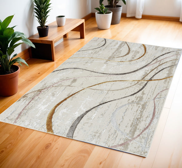 Homeroots 4' X 6' Ivory Black And Brown Abstract Non Skid Area Rug  Polyester 553432