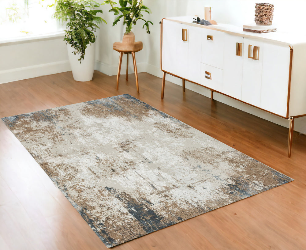 Homeroots 4' X 6' Ivory Charcoal And Taupe Abstract Distressed Non Skid Area Rug  Polyester 553436