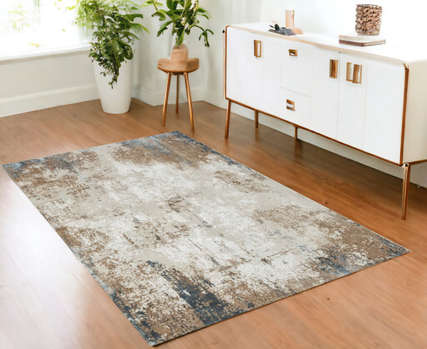 Homeroots 4' X 6' Ivory Charcoal And Taupe Abstract Distressed Non Skid Area Rug  Polyester 553436