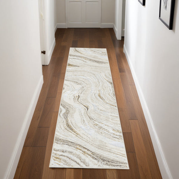 Homeroots 8' Ivory Gold And Gray Abstract Non Skid Runner Rug  Polyester 553441