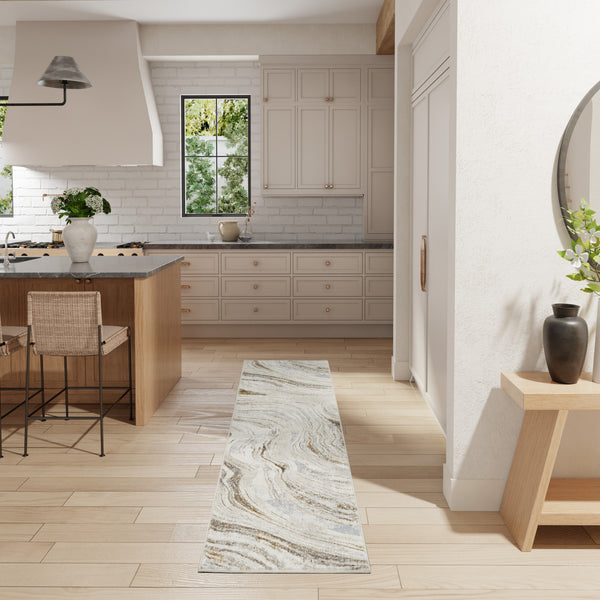 Homeroots 8' Ivory Gold And Gray Abstract Non Skid Runner Rug  Polyester 553441