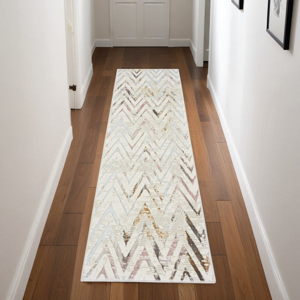 Homeroots 8' Ivory Black And Gray Chevron Distressed Non Skid Runner Rug  Polyester 553445