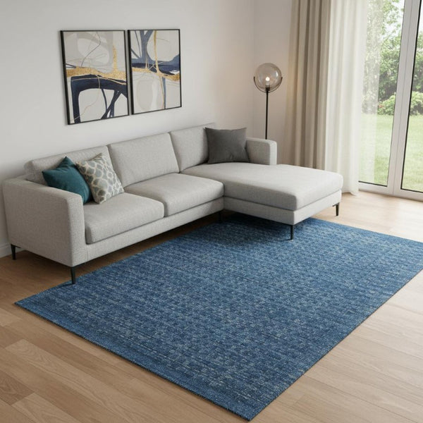 Wool Area Rug Solid Navy Plush Power Loomed Pile with Cotton Backing for Living Rooms