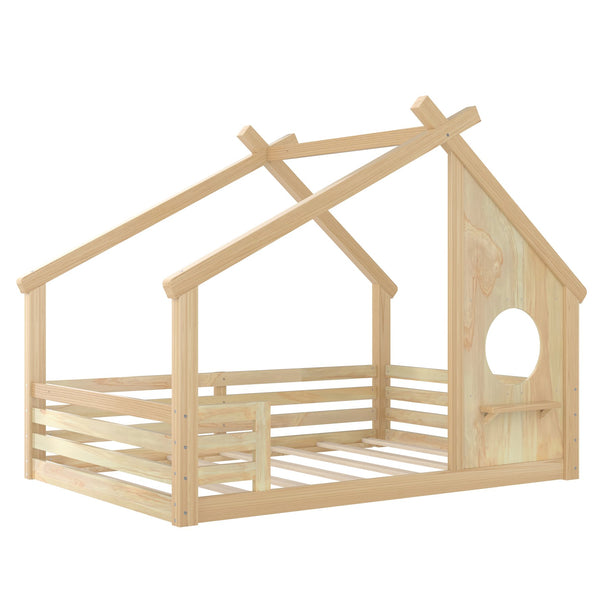 English Elm Full House Floor Bed with Roof Window and Shelf – Solid Pine Kids Loft-Style Low Bed, Durable Design Natural W1580P362703