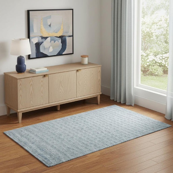 Solid Denim Blue Wool Area Rug Plush Power Loomed for Living Room and Bedroom Floors