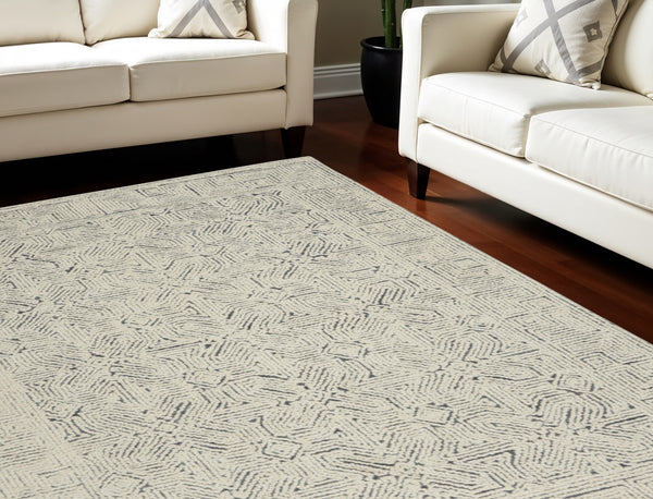 Homeroots 8' Stunning Navy Blue And Ivory Wool Abstract Area Rug For Modern Home Décor And Cozy Living Spaces 8' X 10' Wool 553490