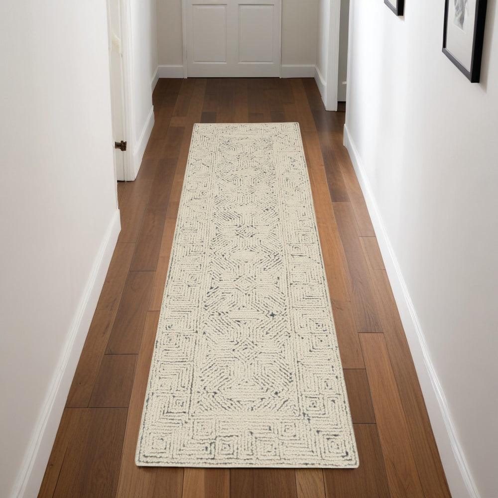 Homeroots 8' Navy Blue And Ivory Abstract Wool Runner Rug – Modern Design For Hallways, Cabinets, And More!  Wool 553491