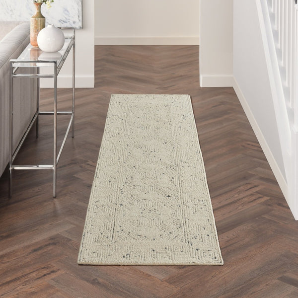HomeRoots 8' Navy Blue and Ivory Wool Abstract Runner Rug - Modern, Soft, Durable for Hallways & Entryways 553491