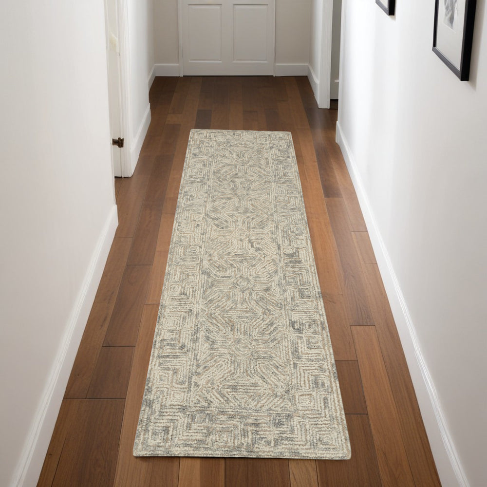 Homeroots 8' Beige And Gray Wool Abstract Geometric Runner Rug - Modern Style For Hallways, Laundry & More!  Wool 553496