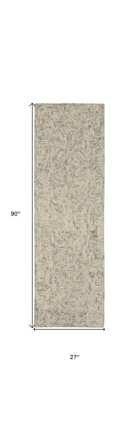 Homeroots 8' Beige And Gray Wool Abstract Geometric Runner Rug - Modern Style For Hallways, Laundry & More!  Wool 553496
