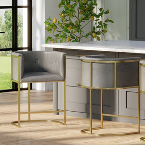 English Elm 26" Counter Stool Tufted Faux Leather Seat with Brass Metal Base for Kitchen Islands Gray Pu B2751P436484
