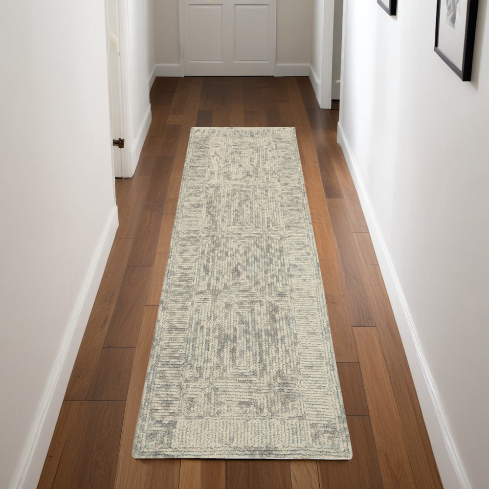 Homeroots 8' Ivory And Gray Wool Geometric Runner Rug - Modern Design For Hallways, Laundry Rooms & More!  Wool 553503