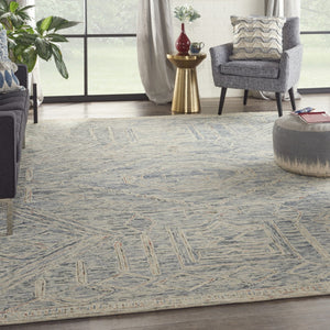 HomeRoots 8' Modern Geometric Tan and Blue Wool Area Rug for Contemporary Living Spaces, Durable and Stylish 8' X 11' 553510