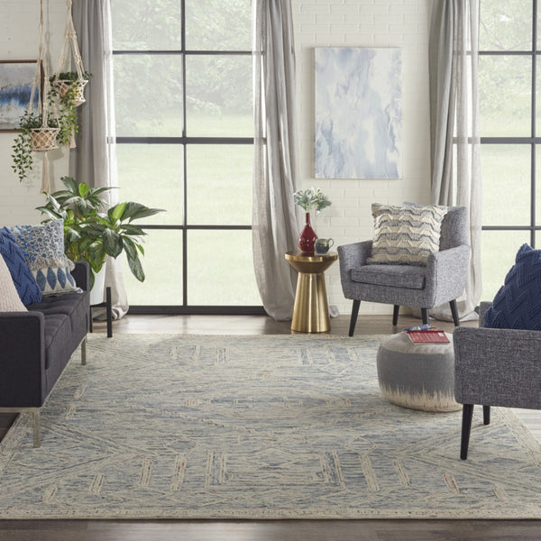 HomeRoots 8' Modern Geometric Tan and Blue Wool Area Rug for Contemporary Living Spaces, Durable and Stylish 8' X 11' 553510