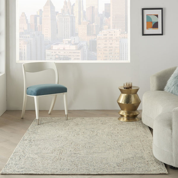 HomeRoots 5' Ivory and Blue Wool Geometric Area Rug – Modern Bohemian Style for Cozy Living Spaces and More 5' X 8' 553511