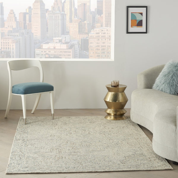 HomeRoots 5' Ivory and Blue Wool Geometric Area Rug – Modern Bohemian Style for Cozy Living Spaces and More 5' X 8' 553511