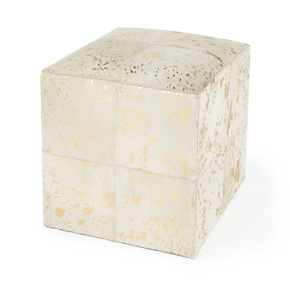 Butler Specialty Company Victorian Hair-on-hide Cube Ottoman – Elegant Accent For Modern Interiors White Leather Patch Work,Mango Wood,Foam 5535126-butler