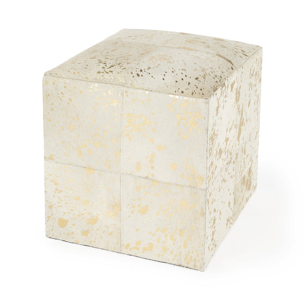 Butler Specialty Company Victorian Hair-on-hide Cube Ottoman – Elegant Accent For Modern Interiors White Leather Patch Work,Mango Wood,Foam 5535126-butler