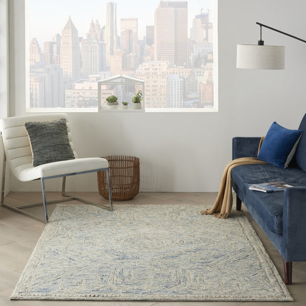 HomeRoots 8' Modern Geometric Tan and Blue Wool Area Rug for Contemporary Living Spaces, Durable and Stylish 5' X 8' 553512