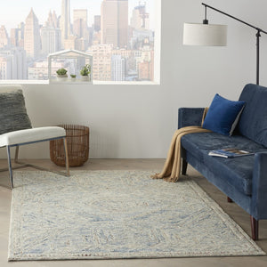 HomeRoots 8' Modern Geometric Tan and Blue Wool Area Rug for Contemporary Living Spaces, Durable and Stylish 5' X 8' 553512