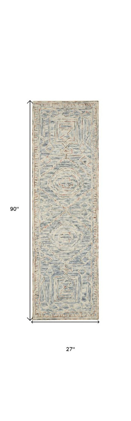 8 Foot Handcrafted Wool Geometric Runner Rug for Hallways Bohemian Modern Style