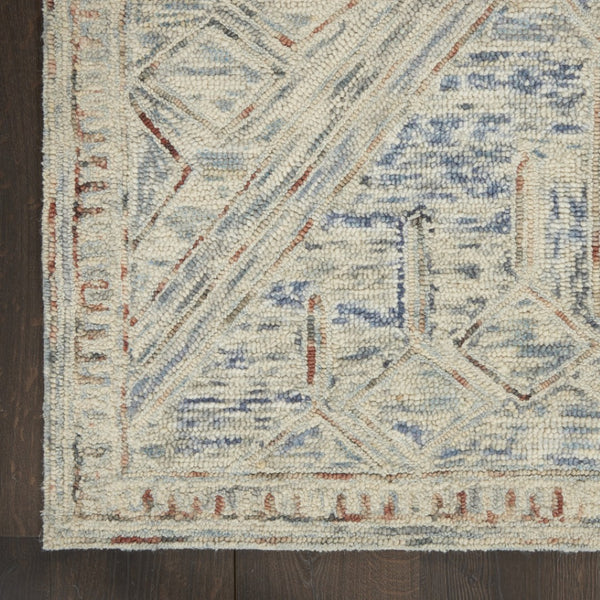 HomeRoots 8' Modern Geometric Tan and Blue Wool Area Rug for Contemporary Living Spaces, Durable and Stylish 4' X 6' 553516