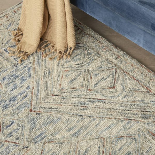 HomeRoots 8' Modern Geometric Tan and Blue Wool Area Rug for Contemporary Living Spaces, Durable and Stylish 4' X 6' 553516