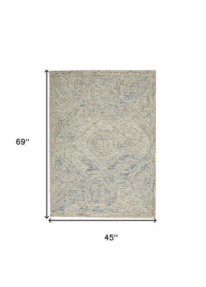 Homeroots 4' X 6' Tan And Blue Wool Geometric Area Rug  Wool 553516