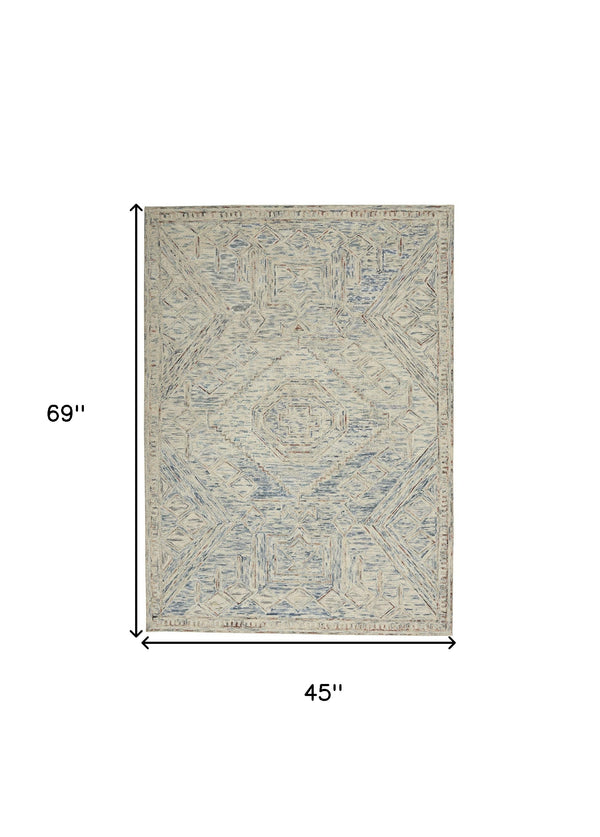 Homeroots 4' X 6' Tan And Blue Wool Geometric Area Rug  Wool 553516