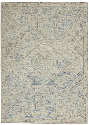 HomeRoots 8' Modern Geometric Tan and Blue Wool Area Rug for Contemporary Living Spaces, Durable and Stylish 4' X 6' 553516