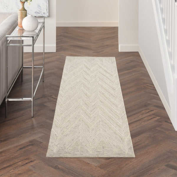 HomeRoots 8' Ivory and Gray Wool Chevron Runner Rug - Modern Style for Hallways, Soft Comfort, and Durability 553520