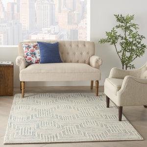 HomeRoots 5' Ivory and Turquoise Wool Geometric Area Rug - Modern Design for Cozy Living Spaces and Style 5' X 8' 553523