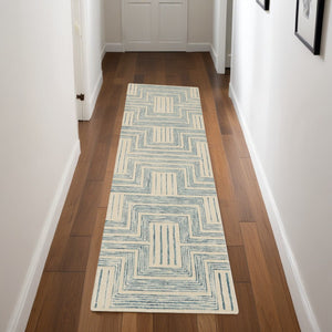 HomeRoots 8' Ivory and Turquoise Wool Geometric Runner Rug - Modern Style for Hallways, Nurseries & More! 553524