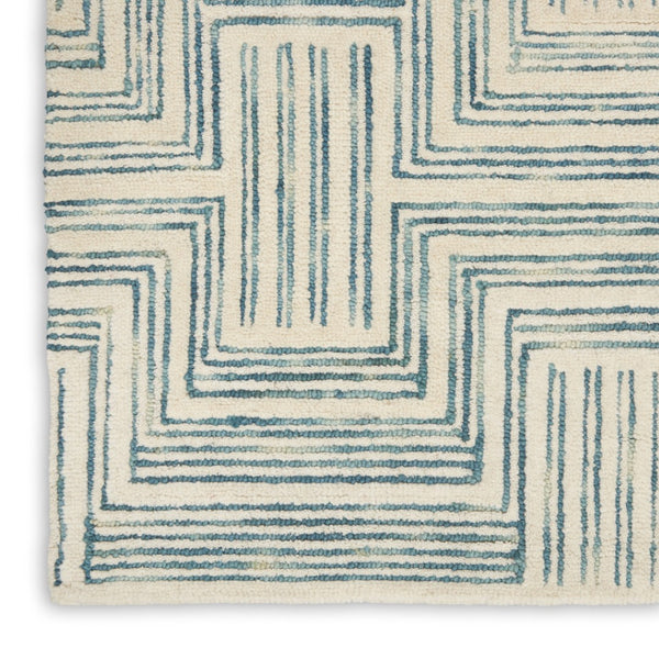 HomeRoots 8' Ivory and Turquoise Wool Geometric Runner Rug - Modern Style for Hallways, Nurseries & More! 553524