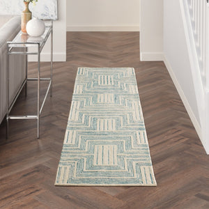 HomeRoots 8' Ivory and Turquoise Wool Geometric Runner Rug - Modern Style for Hallways, Nurseries & More! 553524