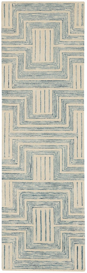HomeRoots 8' Ivory and Turquoise Wool Geometric Runner Rug - Modern Style for Hallways, Nurseries & More! 553524