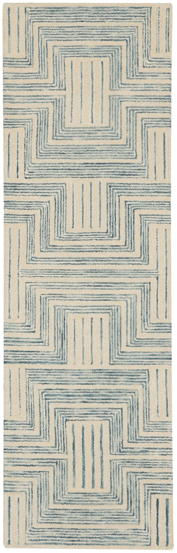 HomeRoots 8' Ivory and Turquoise Wool Geometric Runner Rug - Modern Style for Hallways, Nurseries & More! 553524