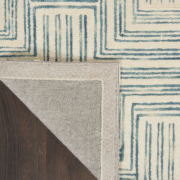 HomeRoots 8' Ivory and Turquoise Wool Geometric Runner Rug - Modern Style for Hallways, Nurseries & More! 553524