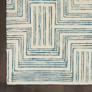 HomeRoots 8' Ivory and Turquoise Wool Geometric Runner Rug - Modern Style for Hallways, Nurseries & More! 553524