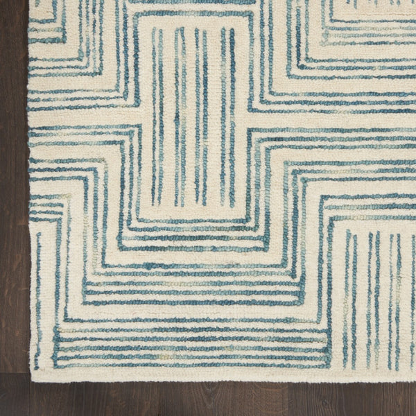 HomeRoots 8' Ivory and Turquoise Wool Geometric Runner Rug - Modern Style for Hallways, Nurseries & More! 553524