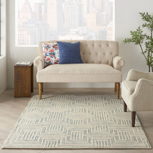 HomeRoots 5' Ivory and Turquoise Wool Geometric Area Rug - Modern Design for Cozy Living Spaces and Style 4' X 6' 553525