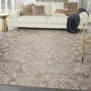 HomeRoots 8' Ivory and Tan Damask Distressed Area Rug - Timeless Elegance for Living Rooms & Bedrooms 9' X 12' 553533